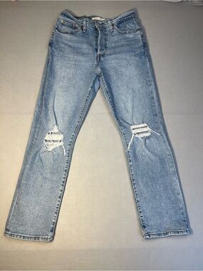 Levis Wedgie Straight Jeans Womens 30 Light Wash Distressed High Rise Button Fly